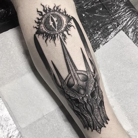 Sauron Helmet Tattoo, Lord Of The Rings Sauron Tattoo, Mouth Of Sauron Tattoo, Sauron Tattoo Design, Nazgul Tattoo, Sauron Tattoo, Lotr Sleeve, Helm Tattoo, Neat Tattoos