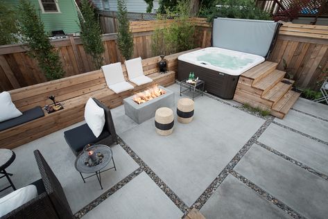 Floating Deck Hot Tub, Build In Hot Tub, Backyard Design Layout With Hot Tub, Hot Tub Lower Deck Ideas, Hot Tub Layout Ideas, Seating Area Around Hot Tub, Small Backyard Ideas With Hot Tub And Fire Pit, Hot Tub Ideas Backyard Patio Concrete, Hot Tub Side Yard