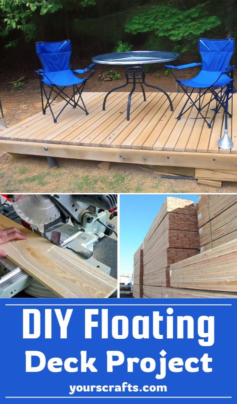 Cheap DIY Floating Deck Project For About 100 $ Temporary Deck For Renters, Tiny Deck Ideas, Dyi Deck, Floating Deck Ideas, Diy Floating Deck, Floating Deck Plans, Ground Deck, Building A Floating Deck, Deck Diy