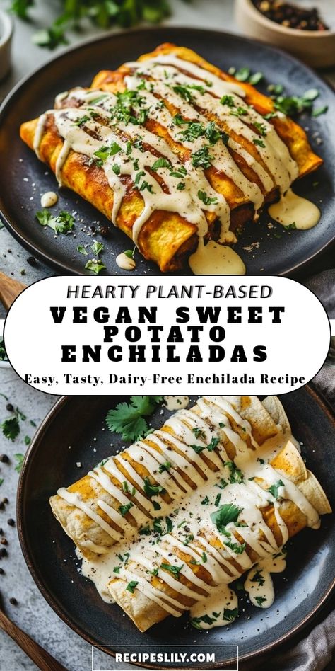 I can't get enough of these hearty, plant-based vegan sweet potato enchiladas! They are not only easy to make but also bursting with flavor. The creamy, dairy-free sauce on top adds a rich touch that pairs perfectly with the sweet potatoes. Perfect for any night of the week! Easy Healthy Meals Vegan, Vegan Dinner For Non Vegans, Vegan Recipes Quick, Meatless Dairy Free Meals, Easy Vegan Dinner Recipes For Family, Vegan Dinners Healthy, Vegan And Dairy Free Recipes, Vegan Dinner For One, Vegetarian Dairy Free Recipes