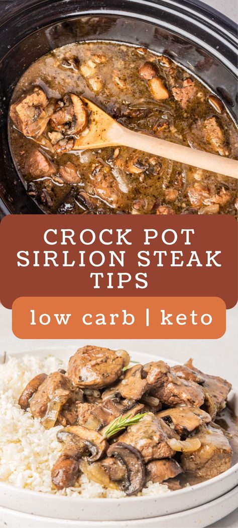 Learn how to make my sirloin steak tips, complete with tender meat, portobello mushrooms, and umami beef broth! They're delicious served on a bed of keto "mashed potatoes," low carb veggies, or a thick slice of gluten free bread. slow cooker recipes | crock pot recipes | steak bites | best of low carb yum Keto Mashed Potatoes, Bread Slow Cooker, Sirloin Steak Tips, Crock Pot Steak, Crockpot Steak Recipes, Sirloin Steak Recipes, Beef Tip Recipes, Slow Cooker Steak, Crockpot Steak