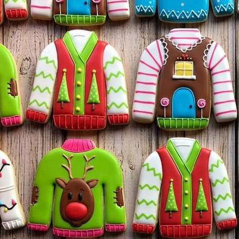 Leslie Marchio on Instagram: "120 of these ugly sweater cookies were delivered to @northstar_vets this morning!  They were so much fun to make...I might have to bring them around next year! #fourpeasandadog #edibleart #decoratedcookies #eeeeeats #uglysweatercookies" Christmas Cookie Sweater, Ugly Sweater Sugar Cookies, Food Cookies Decorated, Holiday Decorated Cookies, Christmas Sweater Cookies Decorated, Ugly Sweater Cookies Decorated, Sweater Sugar Cookies, Sweater Christmas Cookies, Ugly Sweater Cookies