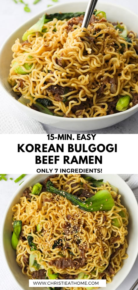 Bulgogi Beef Ramen. Sweet, savoury tender beef stir fried with chewy ramen and bok choy in a bulgogi sauce. This super simple recipe only calls for 7 ingredients unlike most noodle dishes that call for 10+ more ingredients. That’s because we are using a little cheat – store bought bulgogi marinade with pear puree! Ready in 15 mins. #ramen noodle hacks #bulgogi #korean #ramen #noodles #noodle #asianrecipes #koreanfood #asianfood #koreanrecipe Bulgogi And Noodles, Bulgogi Noodle Bowl, Ground Beef Ramen Noodle Recipes, Bulgogi Noodles, Bulgogi Ramen, Ramen Noodle Hacks, Ramen Upgrade, Ramen Meals, Korean Ramen Noodles