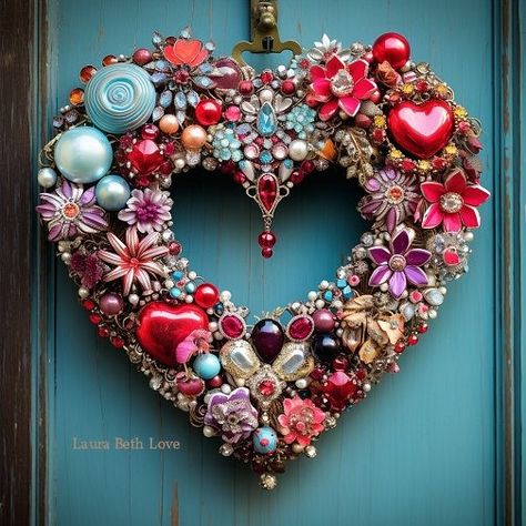 Dishfunctional Designs: Heart Wreath Made From Bits Of Vintage Jewelry Vintage Jewelry Wreath, Broach Wreath, Jewellery Wreath, Things To Make With Old Jewelry, Jeweled Wreath, Diy Heart Wreath, Jewelry Wreath, Jewelry Tree Craft, Rhinestone Wreath