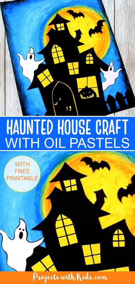 Use oil pastels and paper to create this awesomely spooky haunted house craft! The perfect Halloween art project kids will have fun making. Free printable included. Halloween Art Haunted House, Haunted House Free Printable, Haunted House Art For Kids, Haunted House Art Project, Pastel Projects, Haunted House Art, Halloween Envelope, Art Homeschool, Haunted House Craft