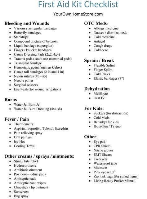 First Aid Kit checklist First Aid Checklist, First Aid Kit Items, Prep Pantry, First Aid Kit Checklist, Emergency Preparedness Items, Survival First Aid, Family Emergency Binder, Diy First Aid Kit, Camping First Aid Kit