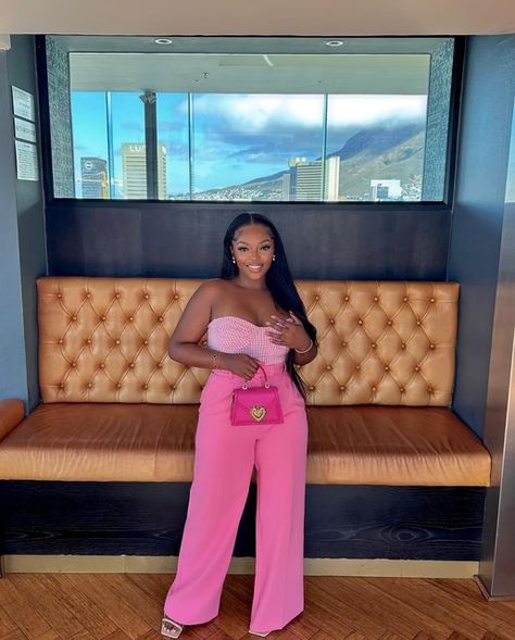 Pink Pants Outfit Black Women, Pink Brunch Outfits Black Women, Engagement Party Guest Outfit, Monochromatic Pink Outfit, Pink Monochromatic Outfit, Kay Yarms, Pink Corset Outfit, Pink Jumpsuits Outfit, Corset Fits