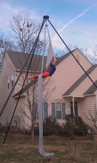 Aerial Dancer in Backyard Diy Aerial Rig, Outdoor Aerial Rig, Star Drop Aerial Silks, Yoga Trapeze, Aerial Hoop Performance, Backyard Gym, Aerial Hoop Burlesque, Aerial Yoga Poses, Diy Yoga