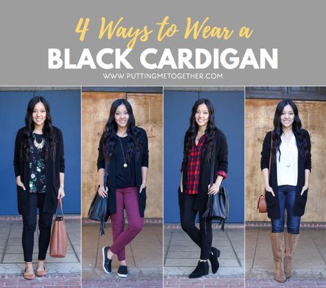 Outfits With a Black Cardigan Black Cardigan Outfit Work, Black Dress In Winter, Long Black Cardigan Outfit, Cardigan Outfit Work, Black Cardigan Outfit, Winter Cardigans, Cardigan With Jeans, Dress In Winter, Outfit Ideas Black