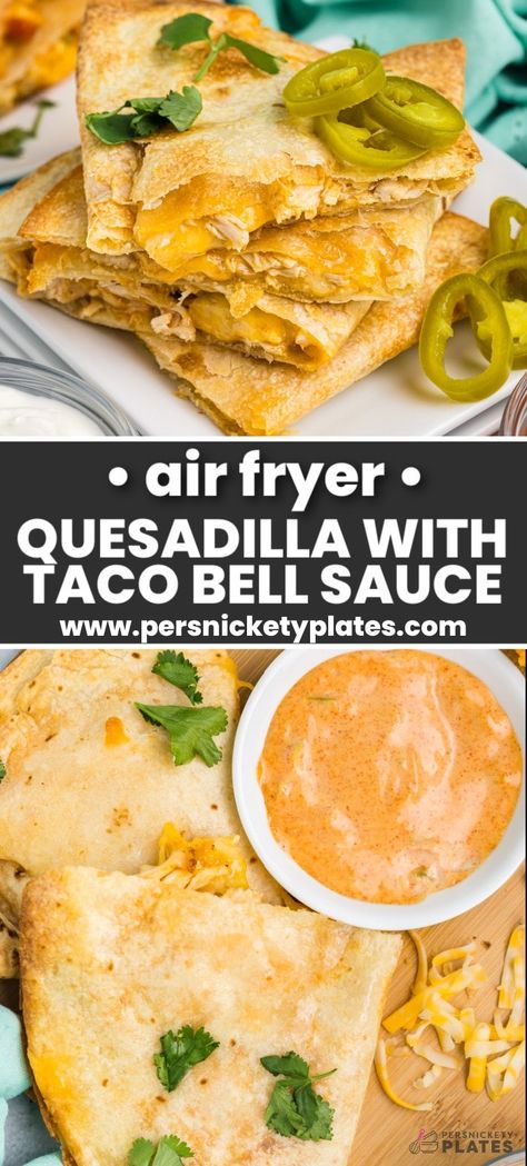 This air fryer chicken and cheese quesadilla with a quick copycat Taco Bell quesadilla sauce is such an easy meal idea. Making them in the air fryer leaves the tortilla perfectly crisp and the cheese nice and melty. Airfryer Quesadilla Recipes, Air Fryer Chicken Quesadilla, Quesadilla In The Oven, Taco Bell Quesadilla Sauce, Taco Bell Quesadilla, Quesadilla Recipes Easy, Fast Easy Dinner, Chicken Quesadilla Recipe, Appetizer Sandwiches