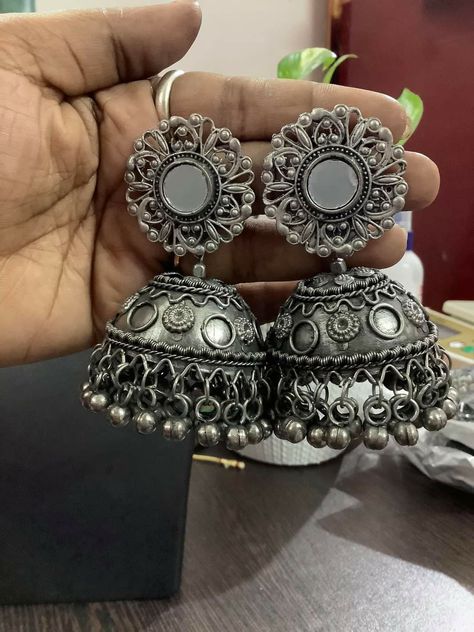 Oxidise Earrings, Oxide Earrings, Silver Oxidised Earrings, Jhumka Collection, Oxidised Bangles, Capsule Wardrobe Jewelry, Black Metal Jewelry, Jumka Earrings, Trendy Silver Jewelry