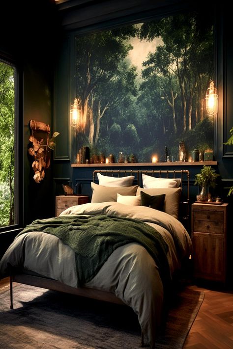 Bedroom with dark green walls, forest mural, candle-lit ambiance, and cozy bedding. Dark Cozy Bedroom, Casa Hobbit, Bedroom Ideas Romantic, Moody Bedroom, Feminine Bedroom, Bedroom Curtain, Classy Bedroom, Dark Home Decor, Bedroom Color