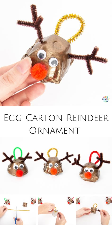 How to Make an Egg Carton Ornament - A fun and easy Christmas craft for kids that uses recyclable materials. Kids Christmas Craft, Carton Craft, Easy Kids Christmas, Recycled Christmas Decorations, Easy Christmas Craft, Kids Christmas Crafts Easy, Reindeer Craft, Easy Christmas Ornaments, Christmas Crafts For Toddlers