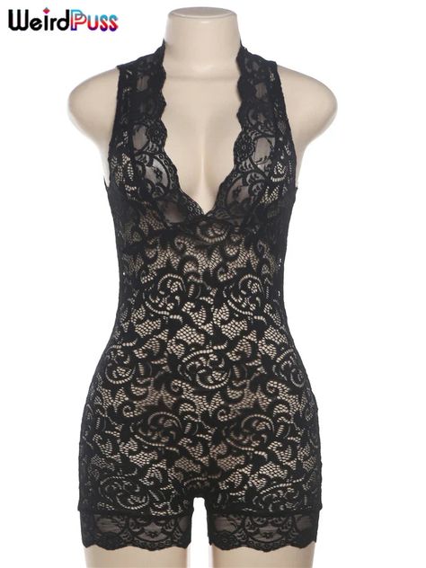 Introducing the Corabra Lace V-Neck Romper, a sexy and stylish sleeveless playsuit perfect for summer. This romper is designed with delicate lace details, adding a touch of elegance to your look. Crafted with a slight stretch fabric, this romper offers comfort and flexibility for all-day wear. The low waist and skinny fit design accentuate your curves, making you feel confident and beautiful. With a solid pattern and straight cut, this romper is versatile and can be dressed up or down for any oc Night Club Outfits, Black Playsuit, Plus Size Outerwear, Plus Size Jumpsuit, Lace Romper, Chic Sundress, Going Out Dresses, Club Outfits, Women's Summer Fashion