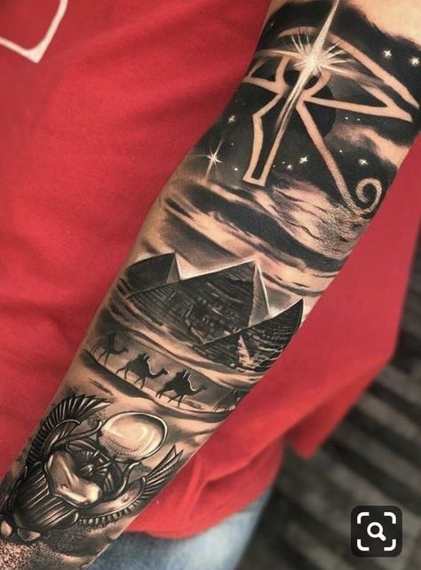 Tattoo Ideas Egyptian, Egypt Tattoo Design, Voll Arm-tattoos, Half Sleeve Tattoos Sketches, Pyramid Tattoo, Egyptian Eye Tattoos, Sleeve Tattoos For Guys, Husband Tattoo, Half Sleeve Tattoos