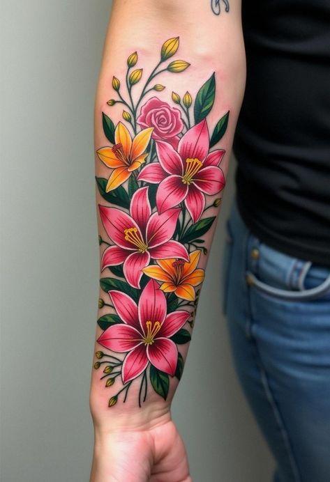 Stunning Tattoos: Flower Designs For You - Artful Ink Lilly Tattoo Color, Neo Traditional Tattoos, Colorful Flower Tattoo, Lillies Tattoo, 12 Tattoos, Stunning Tattoos, Waist Tattoos, 13 Tattoos, Spiritual Tattoos