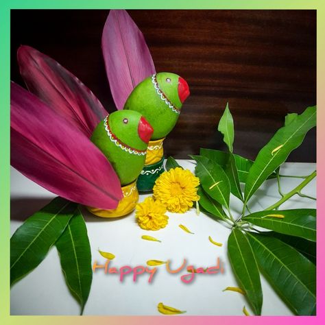 Mango parrots Mango Leaves Decoration Ideas, Diy Parrot Decoration, How To Make Parrot With Leaves, Leaf Parrot Decoration, Parrot Making With Leaves, Ugadi Wishes, Puja Decoration, Lakshmi Pooja, Coconut Decoration