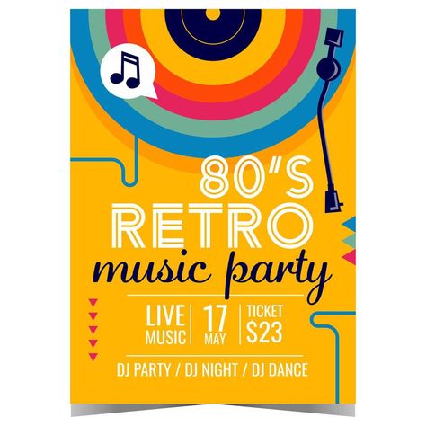 Music Party Poster, Promotion Illustration, Concert Promotion, Party Banner Design, Eighties Party, Retro Banner, 80s Poster, Poster Flat, Dj Dance