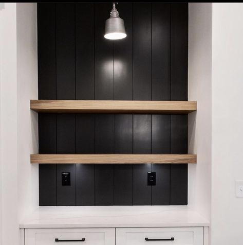 Black Shiplap Wall With Shelves, Black Wall With Wood Shelves, Black Shiplap Backsplash Kitchen, Black Shiplap Bar, Black Shiplap Accent Wall, Shiplap Pantry, Shiplap Bar, Black Shiplap, Kitchen Wishlist