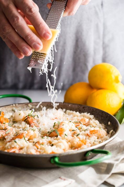 Creamy lemon risotto with shrimp and fresh Parmesan cheese. Don't be intimidated to make risotto, just take it low and slow and have plenty of stock on hand. Risotto With Shrimp, Lemon Risotto, Shrimp Risotto, Lemon Shrimp, Risotto Recipes, Fresh Rosemary, Rice Dishes, Seafood Dishes, Parmesan Cheese