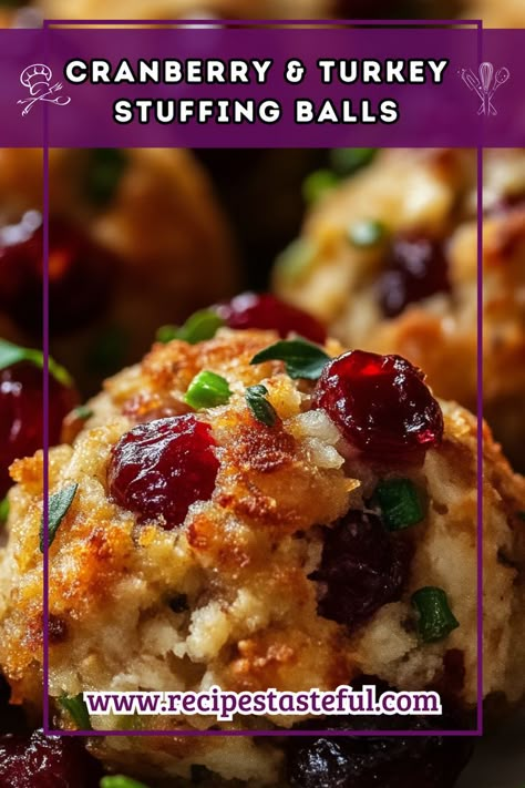 These delightful Cranberry & Turkey Stuffing Balls are a perfect way to utilize leftover turkey and add a festive twist with dried cranberries. They're simple to make, packed with flavor, and make a great appetizer or side dish for any occasion. Thanksgiving Recipe Ideas, Cranberry Appetizer, Stuffing Balls Recipe, Turkey Appetizers, Thanksgiving Side Dishes Healthy, Cranberry Turkey, Stuffing Balls, Classic Thanksgiving, Turkey Stuffing