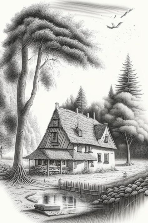 Landscape Paintings Pencil, Black And White Landscape Drawing, Bird House Drawing, Pencil Shading Scenery, Landscape Pencil Sketch, Nature Sketches Pencil, Pencil Sketches Landscape, Landscape Drawing Tutorial, Pencil Drawings Of Nature