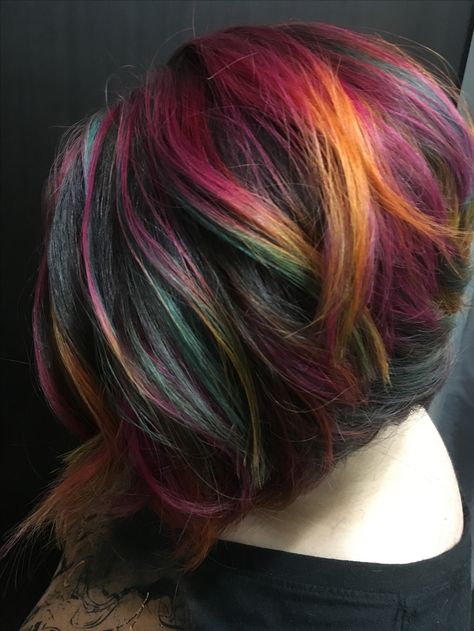 Multi Color Fall Hair, Fun Fall Hair Colors Short Haircuts, Multi Color Hair Dye Techniques For Short Hair, Autumn Vivid Hair Color, Fall Foliage Hair, Short Fall Hair Color, Fall Vivid Hair Color Short Hair, Christmas Hair Color Ideas, Rainbow Highlights Short Hair