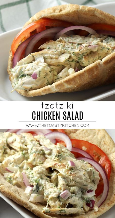 Tzatziki Chicken Salad by The Toasty Kitchen #chicken #tzatziki #rotisseriechicken #chickensalad #salad #coldlunch #lunch #mealideas #meals #easy #recipe #homemade Quick Easy Lunches For Work, Shredded Greek Chicken, Light Lunches For Work, Tzatziki Chicken Salad, Cold Lunch Recipes, Chicken Tzatziki, Tzatziki Chicken, Garbanzo Beans Salad, Chicken Delight