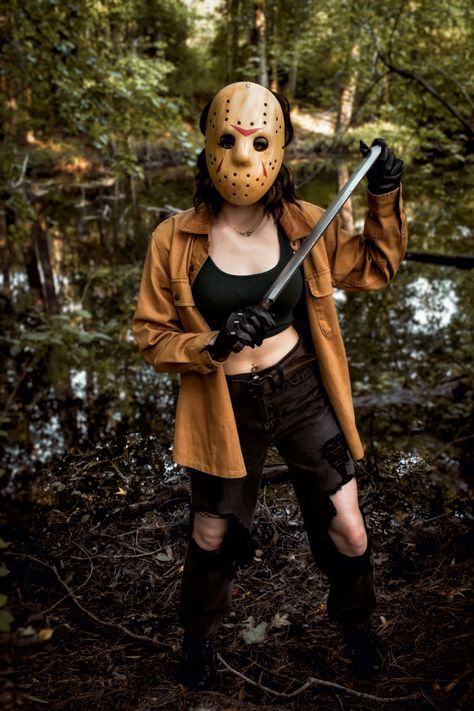 Jason Voorhees Photoshoot by @MelissaRoller Jason Girl Costume, Jason Voorhees Girl Costume, Women’s Jason Costume, Female Halloween Photoshoot, Jason Voorhees Womens Costume, Hot Jason Costume, Jason Halloween Makeup Women, Jason Outfit Halloween, Girl Jason Halloween Costume