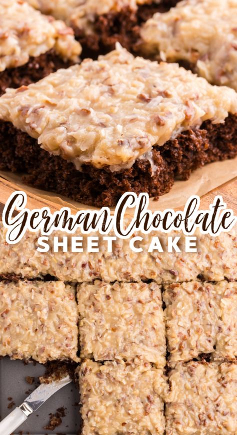 German Chocolate Sheet Cake! An easy German Chocolate sheet cake recipe with a spiffed-up cake mix base and homemade caramel, pecan and coconut icing. German Chocolate Cake Sheet Cake, Simple German Chocolate Cake, Quarter Sheet Cake Recipe, German Chocolate Dessert, Boxed Chocolate Cake Recipes, German Chocolate Box Cake Mix Hacks, Dairy Free German Chocolate Cake, Cake Mix Bars Recipes, German Chocolate Dump Cake