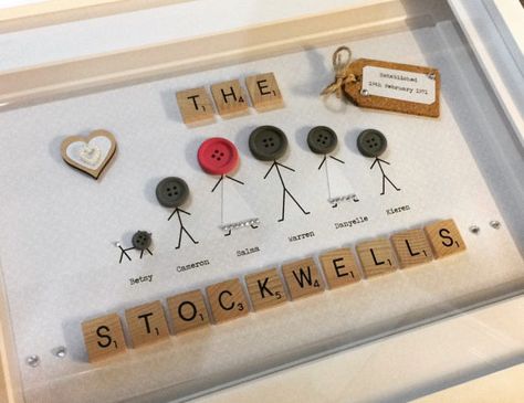 Cerise and Grey Stickman Family Button Family Scrabble Frame Box Frame Scrabble Letter Crafts, Scrabble Tile Art, Scrabble Art Frame, Scrabble Frames, Letter Frame, Button Family, Scrabble Tile Crafts, Scrabble Crafts, Family Frame