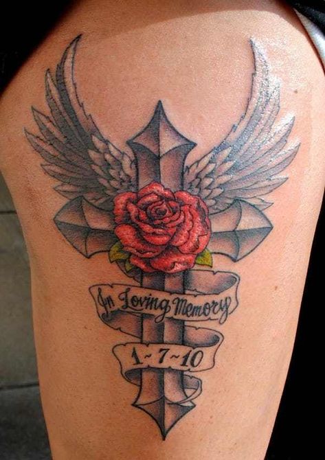 Rose Cross Memorial Tattoo is listed (or ranked) 5 on the list Lovely Ideas for Memorial Tattoos R.i.p Tattoos For Men, Cross With Wings Tattoo, Memorial Tattoo Designs, Memory Tattoos, Cross With Wings, Rip Tattoo, Cross Tattoos For Women, Remembrance Tattoos, Female Tattoos