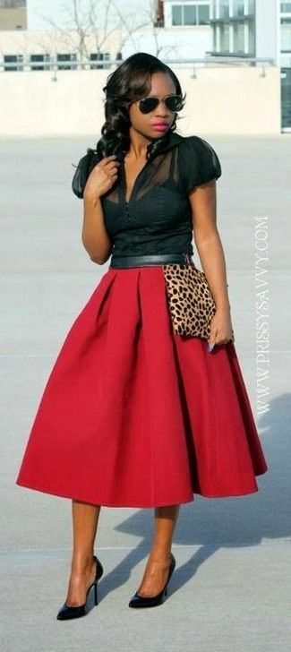 Women's Black Chiffon Short Sleeve Blouse, Red Pleated Midi Skirt, Black Leather Pumps, Tan Leopard Suede Clutch Flare Skirt Outfit, Poofy Skirts, Rok Midi, Classic Glamour, Red Midi, Beautiful Skirt, Full Skirts, Skirt Summer, Red Skirt