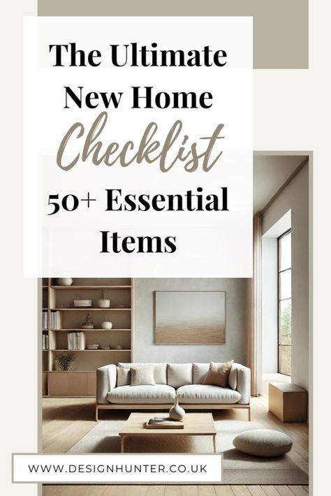 Neutral-toned living room with a cozy sofa, wooden accents, and a built-in bookshelf, highlighting essential items for your new home. New Home Checklist Essentials, First Home Checklist Essentials, New Home Essentials List, Move In Essentials, New Home List, Furniture Checklist, Home Essentials List, Essentials First Apartment, Essentials For New Home