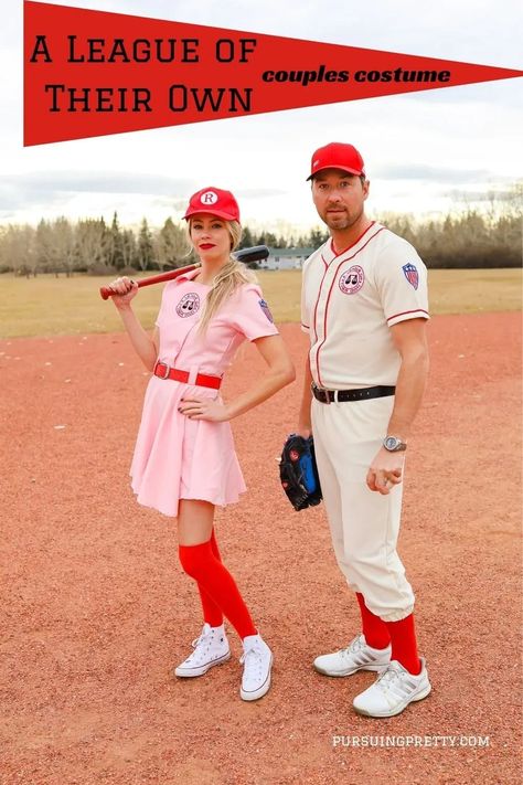 A League of Their Own couples costume. Jimmy and Dottie, Tom Hanks and Geena Davis - Halloween costume ideas - Baseball uniform costumes- couple costumes that are a total hit! #halloween #halloweencostumes #costumeideas League Of Their Own Costume Family, Tom Hanks Halloween Costume, Farm Costumes, Baseball Costumes, Canadian Lifestyle, Cosplay Couple, Stranger Things Halloween, A League Of Their Own, League Of Their Own