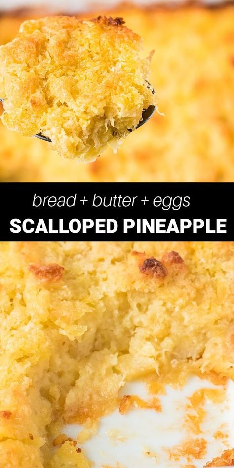 Scoop of pineapple casserole from casserole dish Scalloped Pineapple Casserole, Sweet Bread Pudding, Scalloped Pineapple, Pineapple Bread Pudding, Bread Casserole, Pineapple Pudding, Pineapple Casserole, Pineapple Bread, Pineapple Dessert Recipes