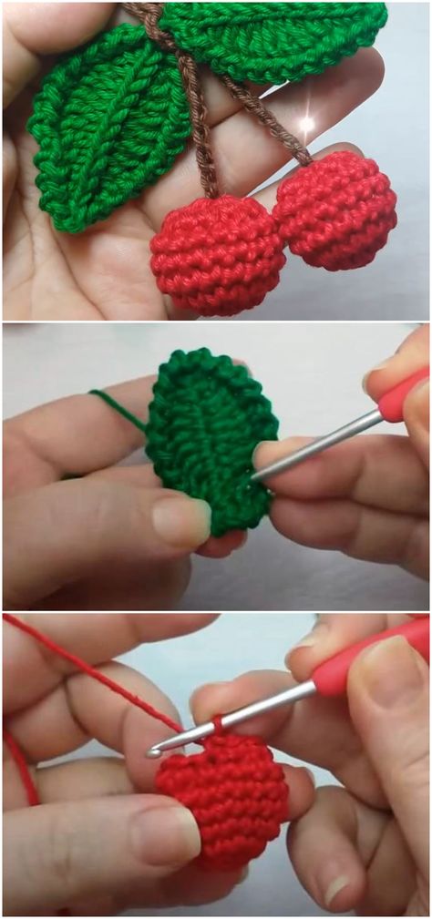 Cute Little Crochet Projects, How To Crochet Cherries, Fruit Crochet, Crochet Cherry Free Pattern, Crochet Cherries Free Pattern, Crochet Cherries, Cherry Crochet, Crochet Cherry, Cherry Crochet Pattern