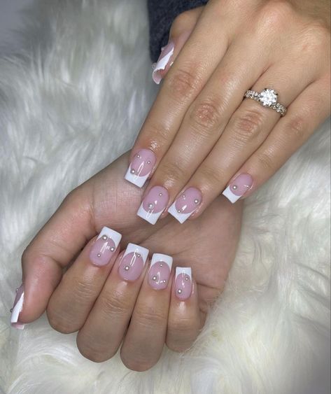 French tip pearl nails, Gel-X nails, short   Square acrylic nails summer nail inspo Short French Tip With Pearls, French Tip Pearl Nails, French Tip Pearl, French Tip With Pearls, Square French Tip, Short French Tip, 8th Grade Prom, Square French, Nails Short Square