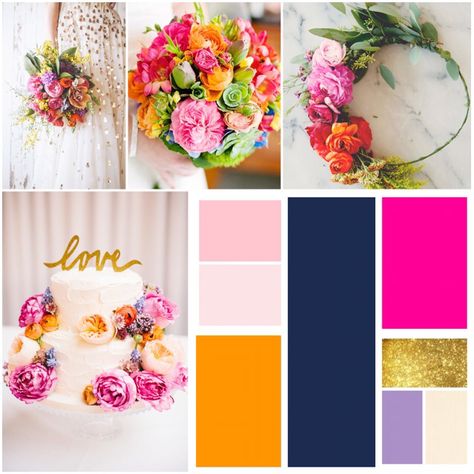 Wedding colors & inspiration: navy blue, hot pink, light pink, blush, and orange with touches of lavender, cream, and gold Pink Orange And Gold Wedding, Navy And Colorful Wedding, Navy Blue Orange Pink Wedding, Navy Blue Hot Pink Color Palettes, Hot Pink And Navy Wedding, Navy Color Palette, Orange And Pink Wedding, Hot Pink Weddings, Wedding Colors Blue