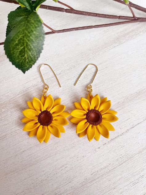 Fall Sunflower Earrings Spring Earrings Summer Earrings Polymer Clay Handmade - Etsy Polymer Clay Flower Jewelry, Hand Painted Earrings, Spring Earrings, Sunflower Earrings, Polymer Clay Jewelry Diy, Earrings Summer, Summer Earrings, Jewelry Care Instructions, Clay Jewelry Diy