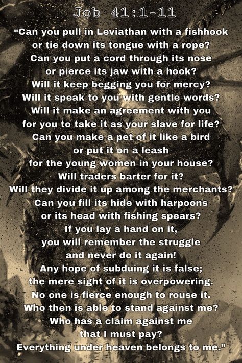 Job 41:1-11 #everythingisHis #mercy #repentance #leviathan   https://www.biblegateway.com/passage?search=Job%2041:1-11&version=NIV Leviathan Bible, Leviathan Spirit, False Preachers, Water Spirits, Book Of Job, Job Quotes, School Starts, Christian Pins, Spirit Quotes