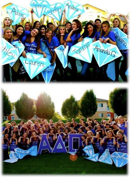 love this - Alpha Delta Pi Bid Day! Sisterhood Ideas, Sigma Alpha Omega, Diamonds Shapes, Big Roses, Diamond Theme, Student Jokes, Phi Sigma Sigma, Bid Day Themes, Tri Delta