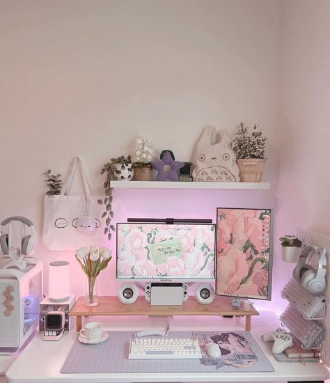 minimal cute setup, desk organization, gaming set up aesthetic, room decor ideas Cute Set Up, Clear Jar Decor, Minimal Gaming Setup, Cute Computer Desk, Temu Accessories, Cute Pc Build, Gaming Set Up Aesthetic, Cute Gaming Setup, Aesthetic Room Decor Ideas