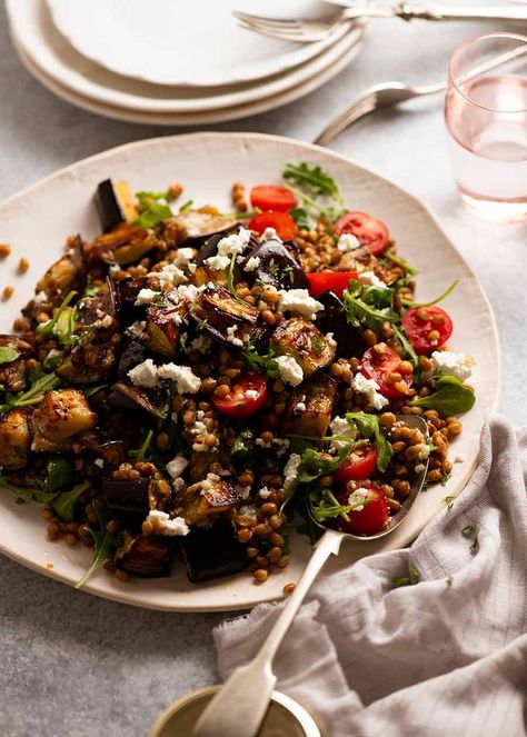 Platter of Roasted Eggplant Lentil Salad ready to be served Eggplant Lentil, Salad Calories, Roasted Eggplant Recipes, Roasted Eggplant Salad, Aubergine Salad, French Lentils, Eggplant Salad, Roasted Eggplant, Recipetin Eats