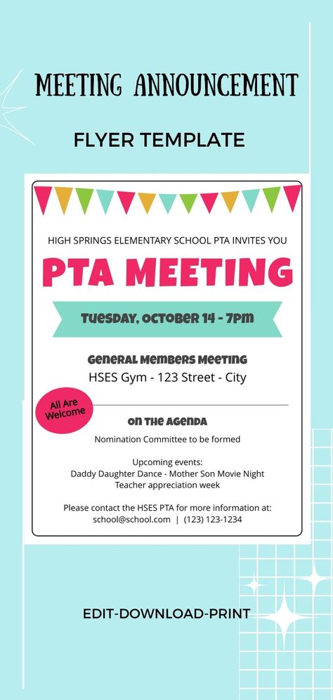 Meeting Announcement Flyer Template, Edit yourself, Great for PTA, PTO, PTSA, or other school/organization meetings, Easy to use Template Pto Meeting Flyer, Pto Meeting, Pta Meeting, School Pto, Pta School, Sign In Sheet, Post Ad, April 7, School Organization