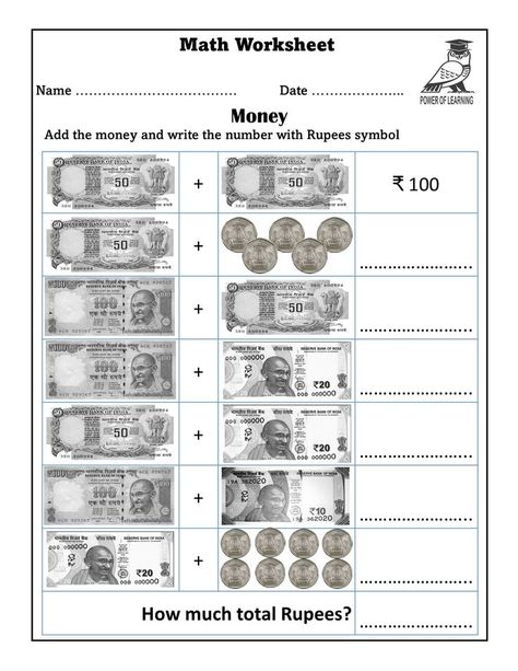 Money Math Worksheets Indian, Time And Money Worksheets, Worksheet On Money For Class 1, Indian Money Worksheets 2nd Grade, Indian Money, Counting Money Worksheets, Money Math Worksheets, Count And Write, Money Word Problems