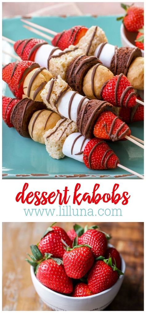 Dessert Kabobs are a simple and delicious way to serve several "mini" treats at once. They are perfect for parties, BBQs and every day! #dessertkabobs #desserts #kabobs #strawberryandbrownies #ricekrispies Dessert Shish Kabobs, Brownie Kabobs Skewers, Desert Kabobs Sticks, Fruit Kabobs For Party Skewers Simple, Sweet Kabobs Desserts, Fun Kabob Ideas, Deserts For Birthday Party, Skewer Desserts Sticks, Strawberry Skewers Party Ideas