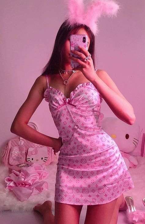 Lavish Pink Louis Vuitton Hello Kitty Silk Dress with Pink Fluffy Bunny Ears & Silver Butterfly Necklace/Body Chain/Rings (ig:@ouchhh store)🎀 #aesthetic #pink #dress Hello Kitty Outfit Aesthetic, Aesthetic Pink Dress, Pink Y2k Outfit, Prince Clothes, Hello Kitty Dress, Hello Kitty Clothes, Pink Silk Dress, V Dress, Pink Y2k