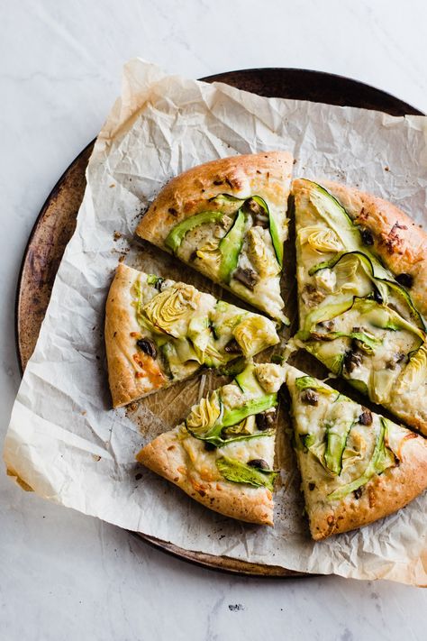 Pizza Artichoke, Dough Pizza, Sautéed Mushrooms, Zucchini Ribbons, Frozen Bread Dough, Best Homemade Pizza, Kitchen Confidential, Meatless Recipes, White Pizza