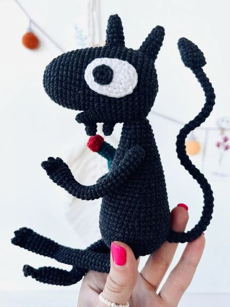 Luci the Demon amigurumi toy pattern | crochet toy pattern - amigurumi pdf character tutorial Crochet toys tutorial #crochettoystutorial #crochet #crochettoy #crochetpattern #crochetpatterns 3.685 Crochet Luci Disenchantment, Crochet With Gray Yarn, Black Yarn Crochet Ideas, Luci The Demon, Scary Crochet, Black Amigurumi, Crochet Creepy, Witchy Crochet, Character Tutorial